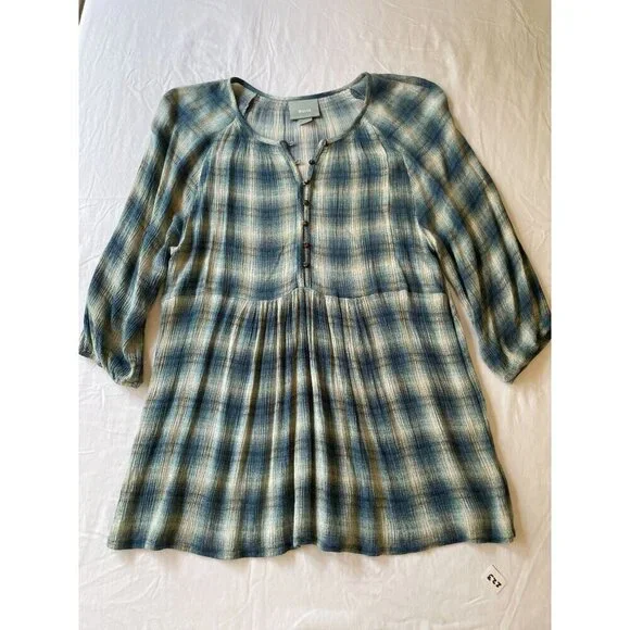 Anthropologie Maeve Women's Small Plaid Tunic Top 100% Rayon Button Front - Picture 1 of 8